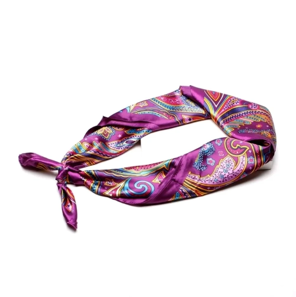 Oversized Satin square Scarf Purple Paisley boho Festival for head neck hair 💖
